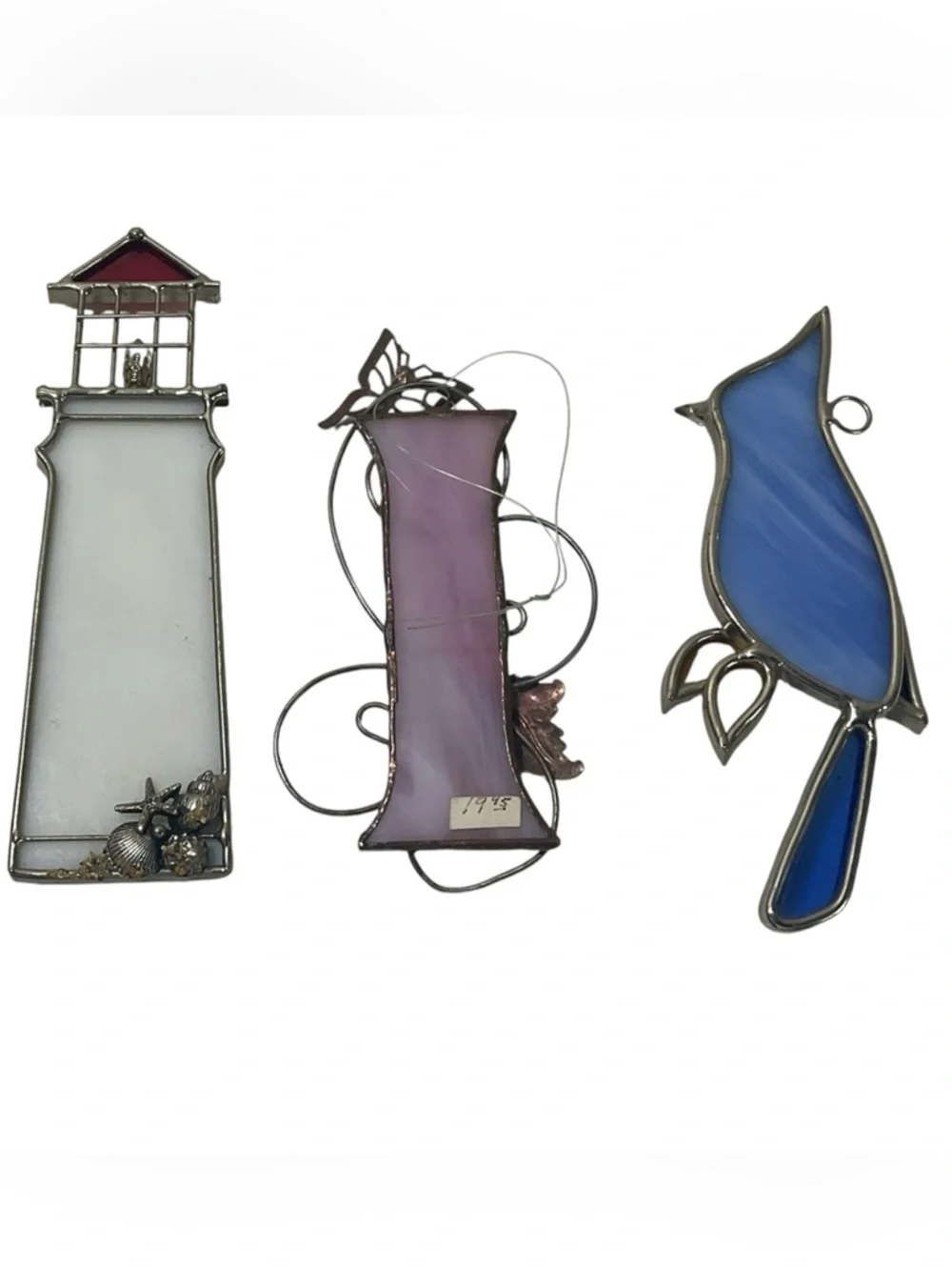 Lot of 3 Handcrafted Stained Glass Suncatchers Lighthouse Butterfly Floral Bird